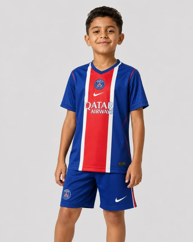 PSG Home Player Kids Kit 26/27 football jersey and shorts with home team design